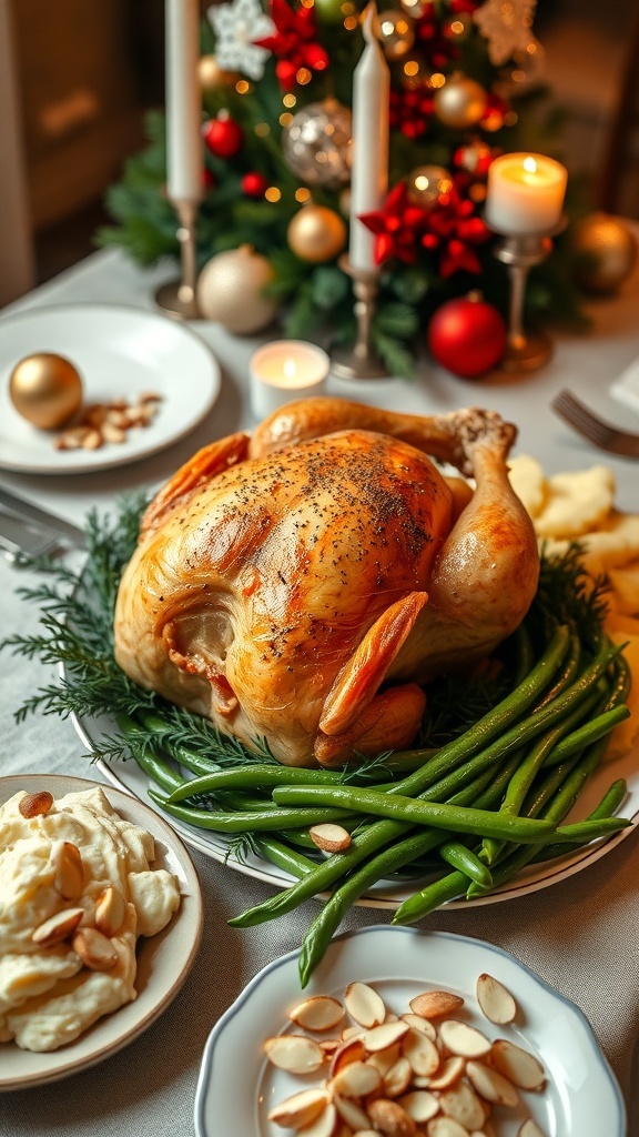 A festive Christmas dinner with roasted chicken, mashed potatoes, and green beans on a decorated table.